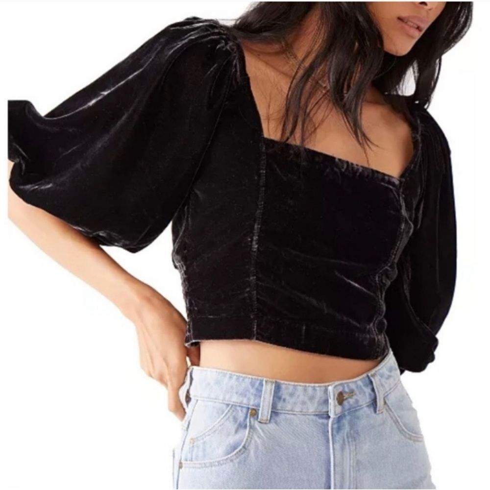 FREE PEOPLE REVOLVE Marie Open Back Tie Puff Sleeve Black Velvet Crop Top XS